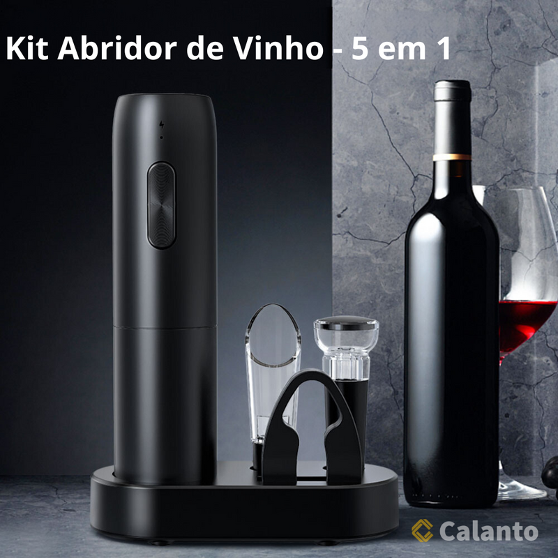 Abridor de Vinho Elétrico Recarregável USB - Kit com Aerador e Rolha à Vácuo