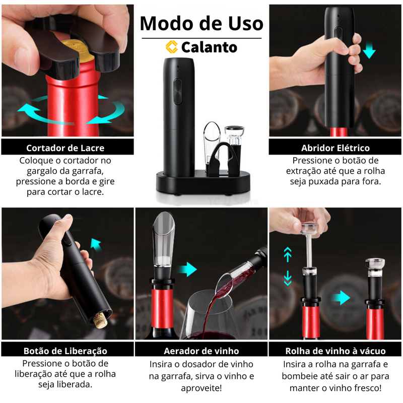Abridor de Vinho Elétrico Recarregável USB - Kit com Aerador e Rolha à Vácuo